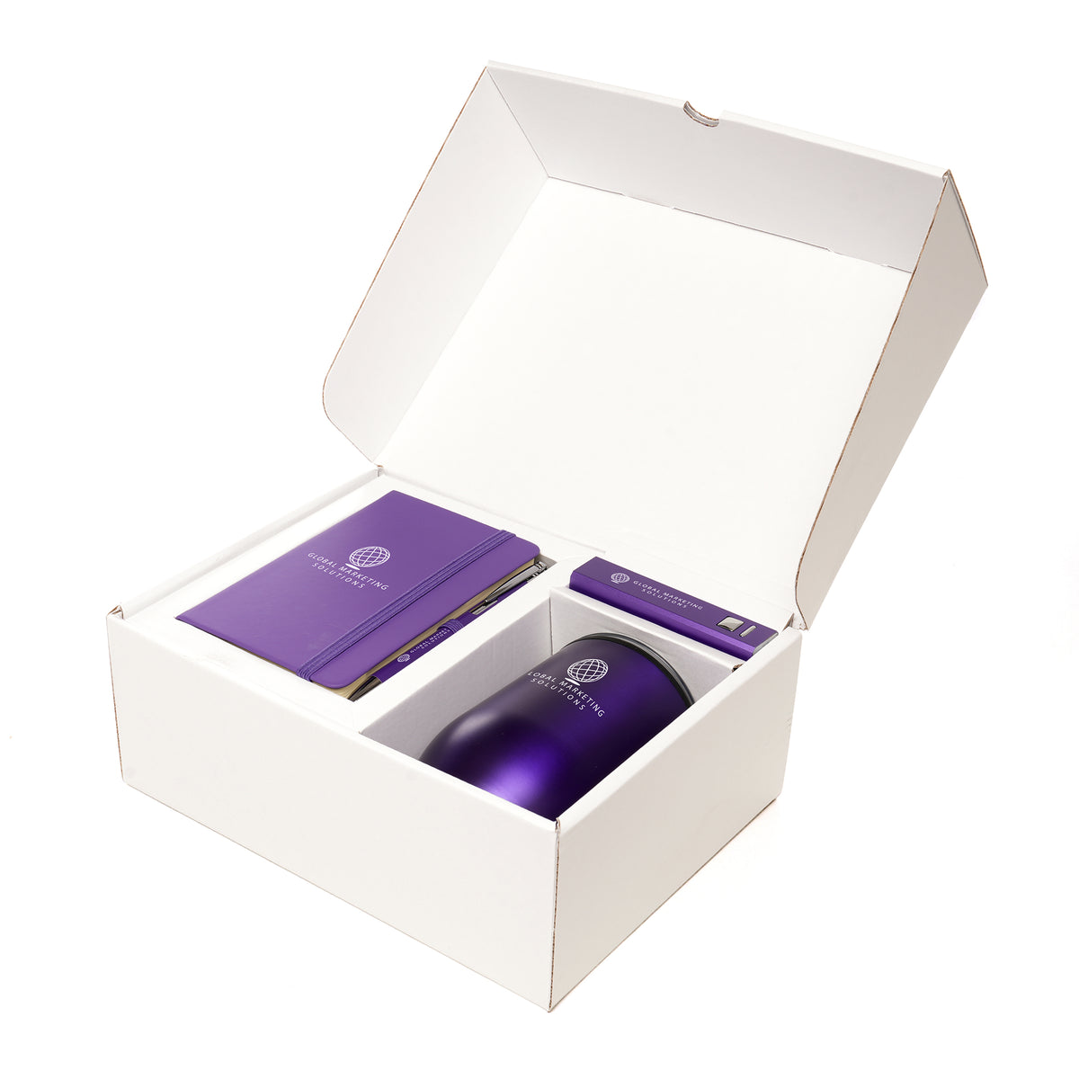 Branded Onboarding Set with Tumbler, Notebook, Pen and Power Bank in Purple