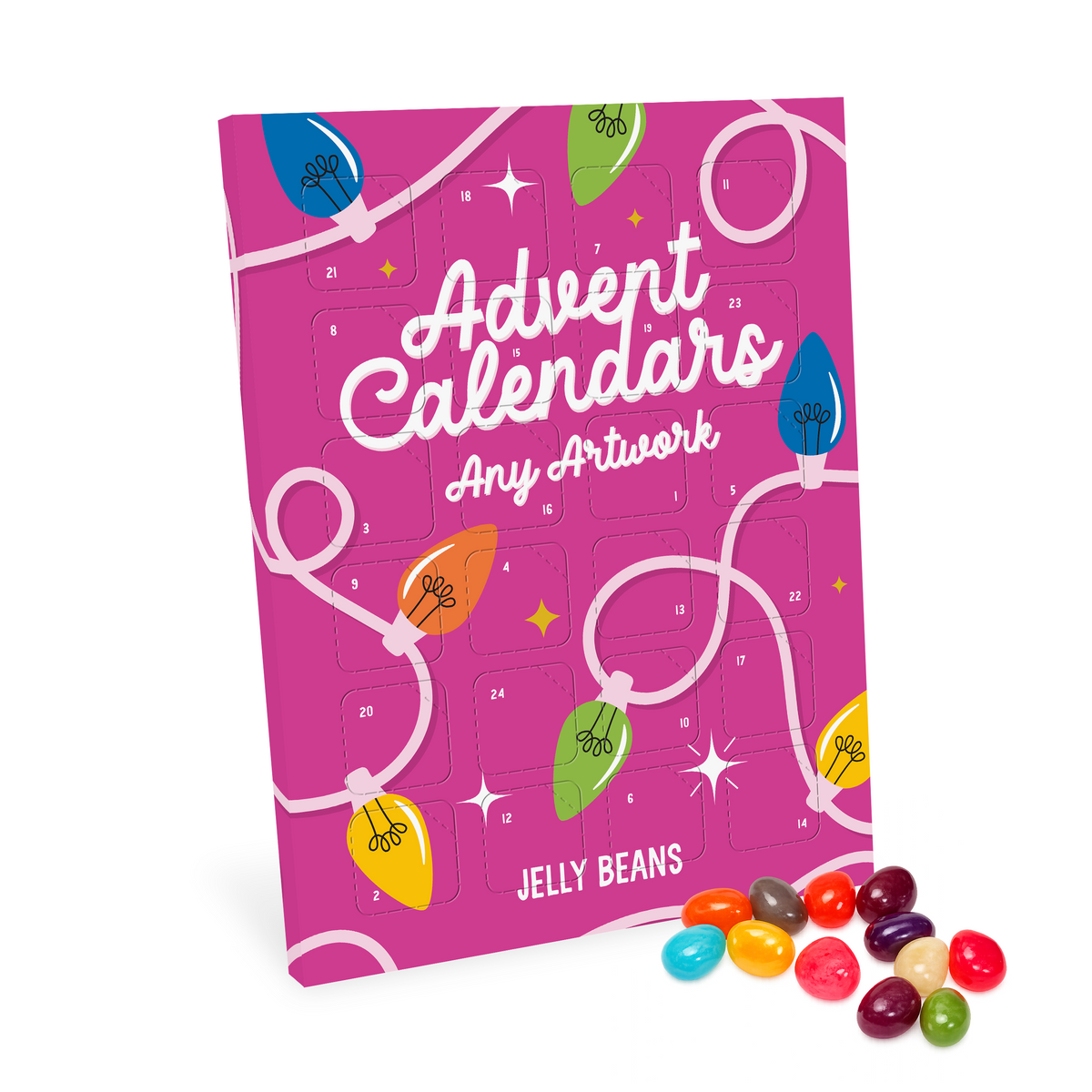 Branded jelly bean advent calendar, front view