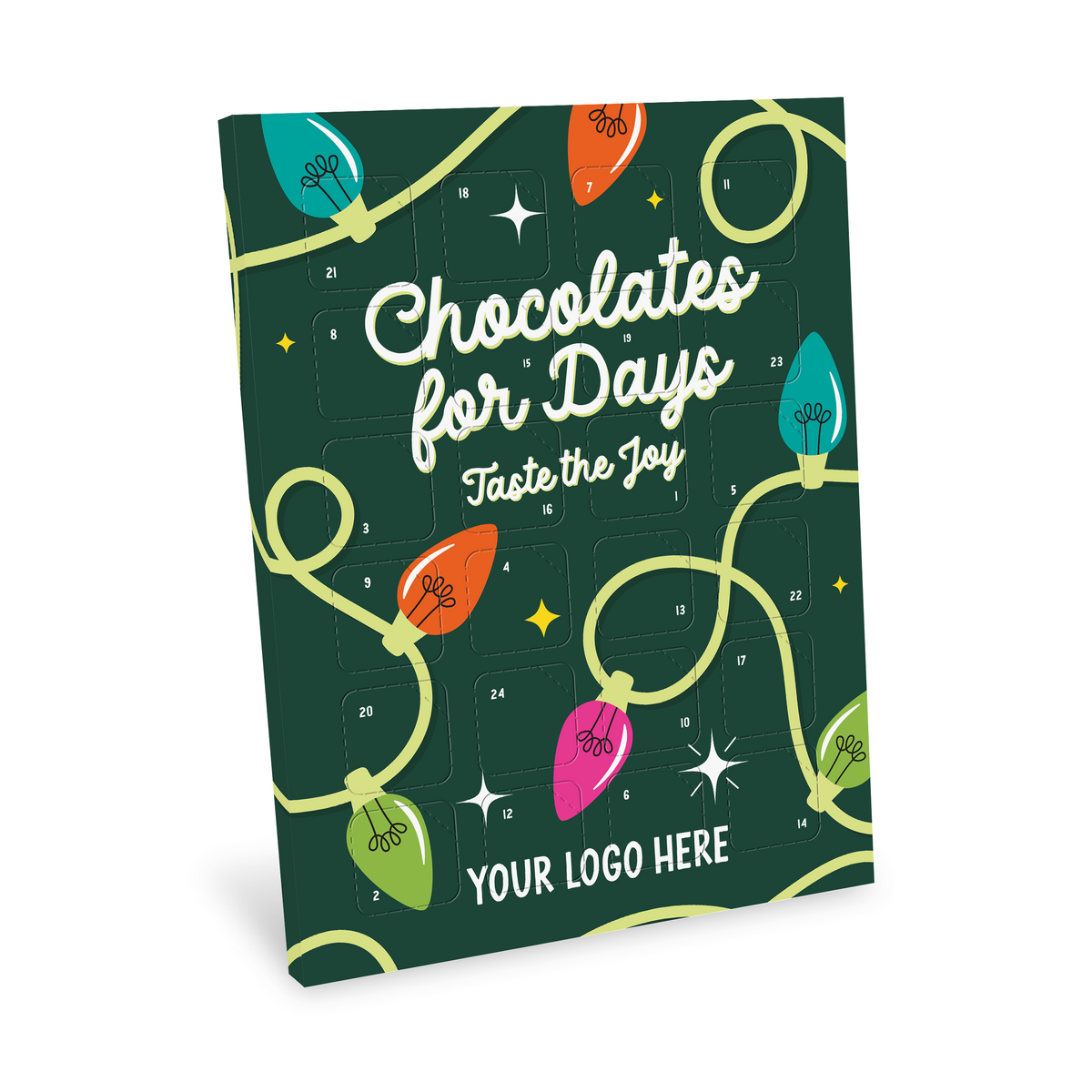 Branded 3D milk chocolate advent calendar, close-up of moulded tiles
