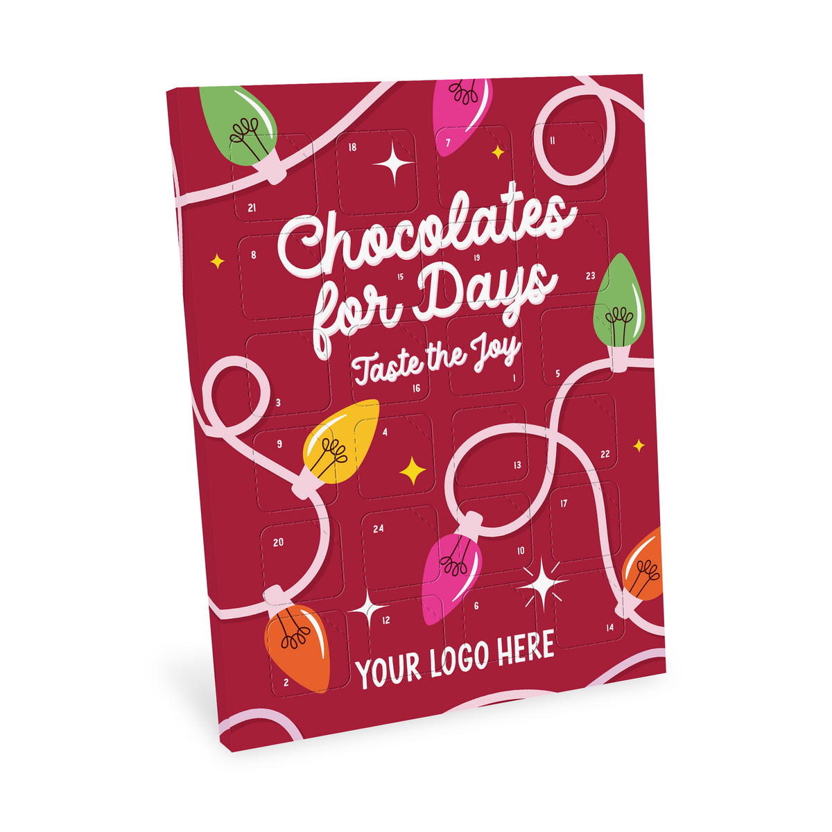 Branded 3D vegan dark chocolate advent calendar, close-up of moulded tiles