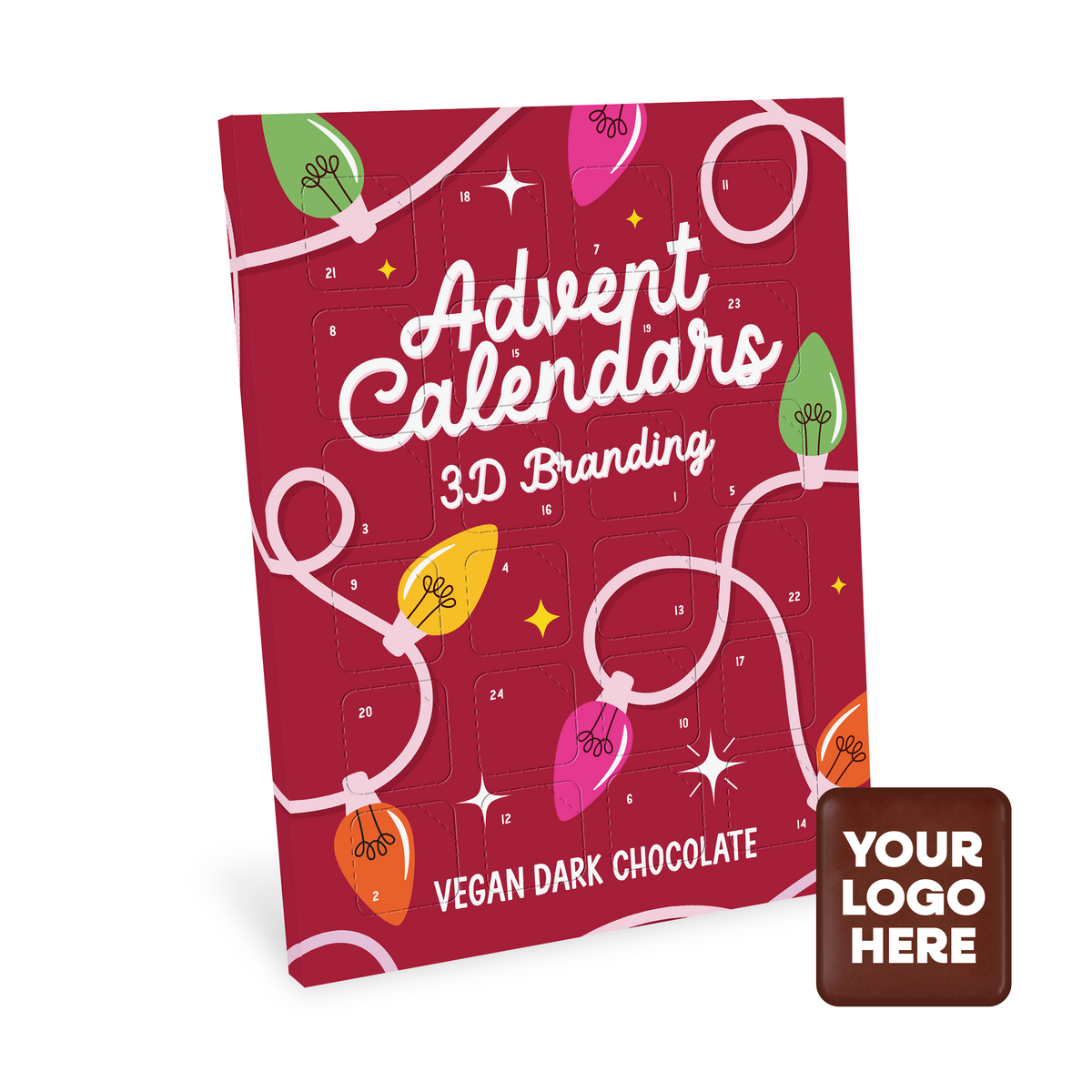 Branded 3D vegan dark chocolate advent calendar, front view