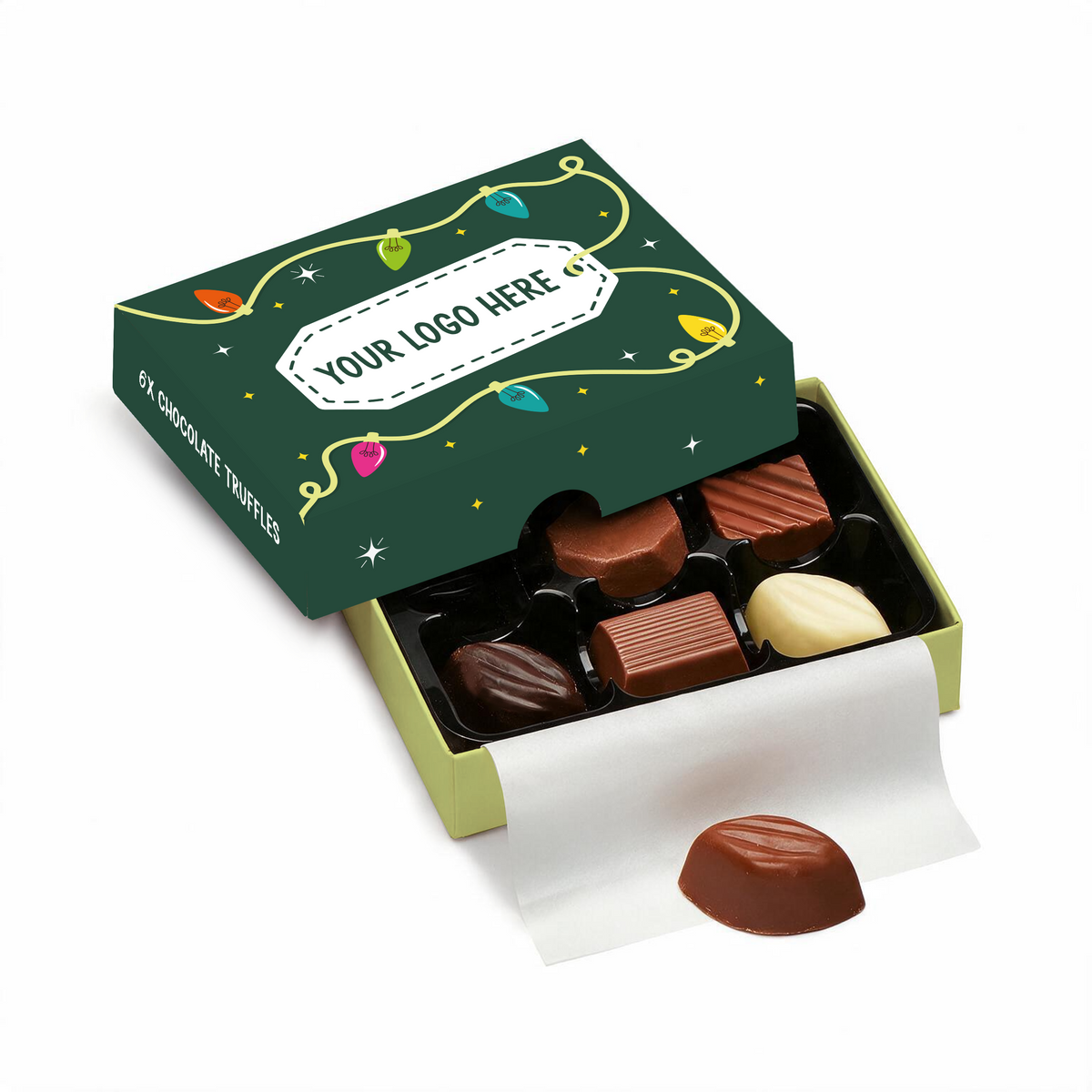 Branded assorted truffle box, open showing 6 truffles