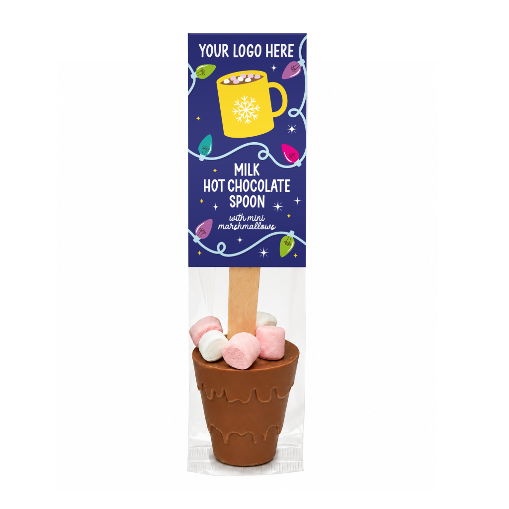 Branded milk chocolate hot chocolate stirrer with mini marshmallows