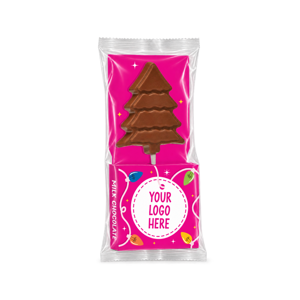 Branded festive chocolate lolly, milk chocolate Christmas tree