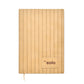 Wooden notebook with a visible brand logo on a white background