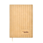Wooden notebook with a visible brand logo on a white background
