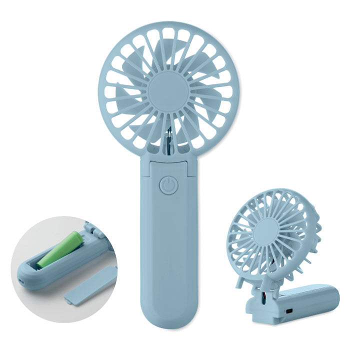 Light blue handheld fan with clip on a white background