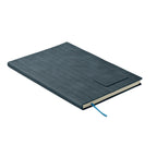 Blue notebook with a textured cover on a white background
