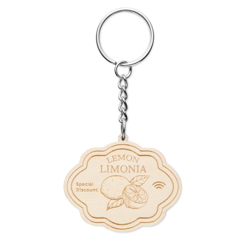 Wooden keychain with 'Lemon Limonia' design on a white background