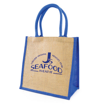 Branded Medium Jute Shopper with Coloured Trim in Blue
