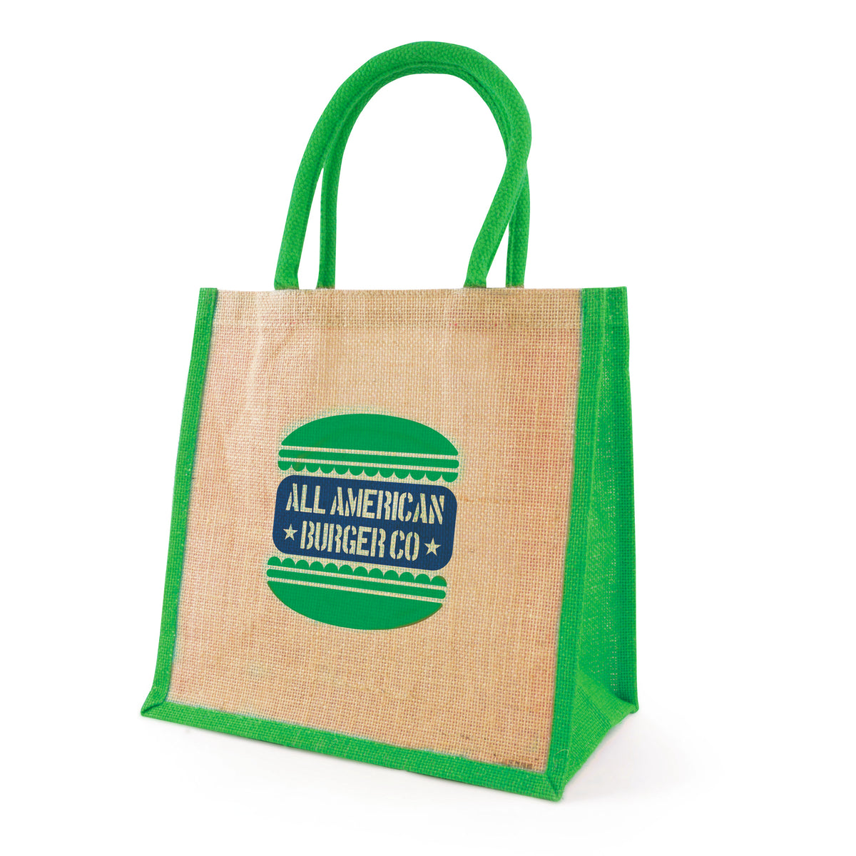 Branded Medium Jute Shopper with Coloured Trim in Green