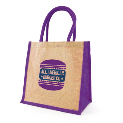 Branded Medium Jute Shopper with Coloured Trim in Purple