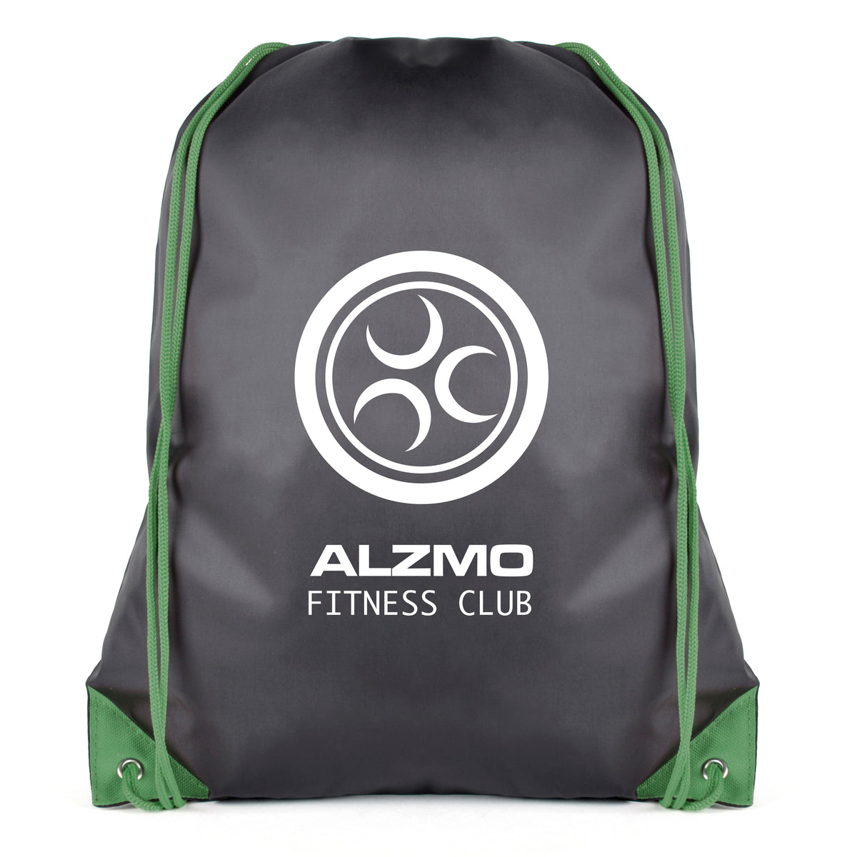 Branded Black Drawstring Bag with Coloured String and Corners in Green