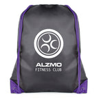 Branded Black Drawstring Bag with Coloured String and Corners in Purple