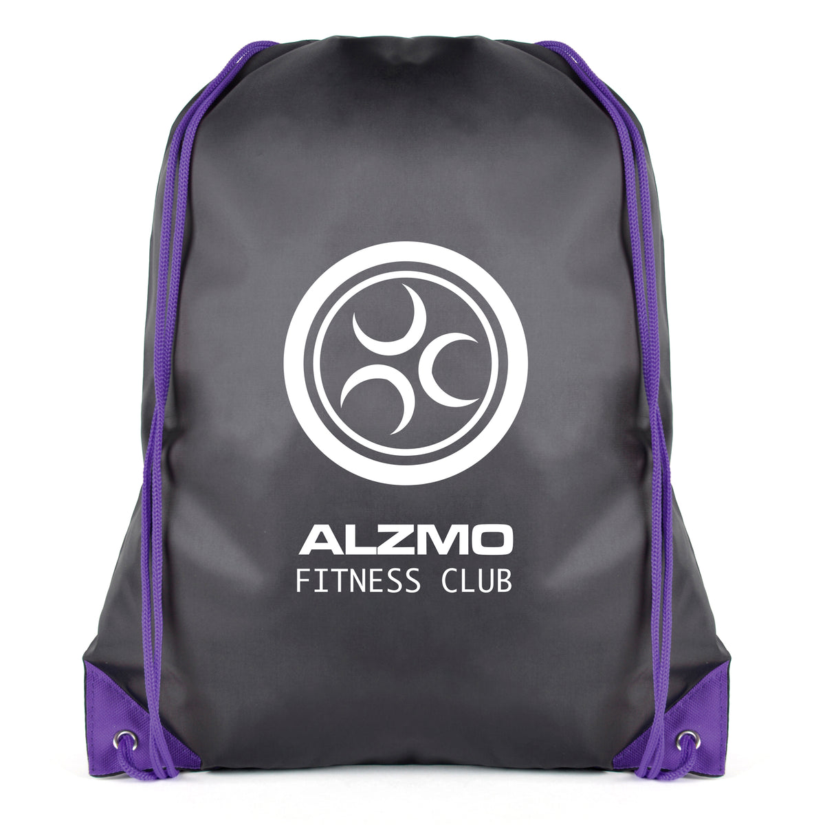 Branded Black Drawstring Bag with Coloured String and Corners in Purple