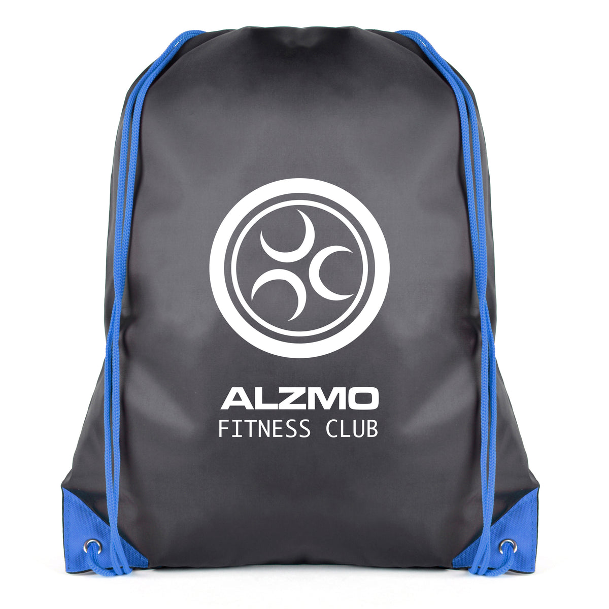 Branded Black Drawstring Bag with Coloured String and Corners in Royal Blue