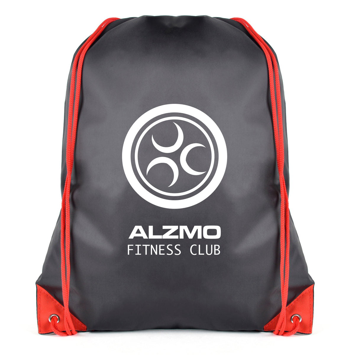 Branded Black Drawstring Bag with Coloured String and Corners in Red