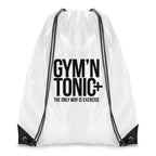 Branded White Drawstring Bag with Coloured String and Corners in Black