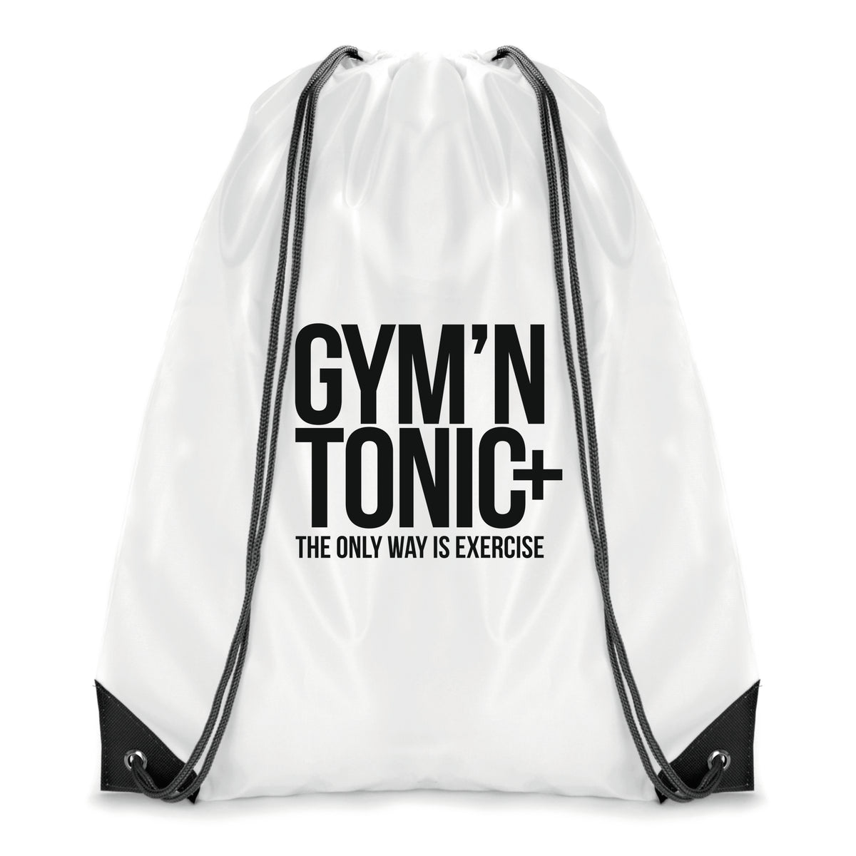 Branded White Drawstring Bag with Coloured String and Corners in Black