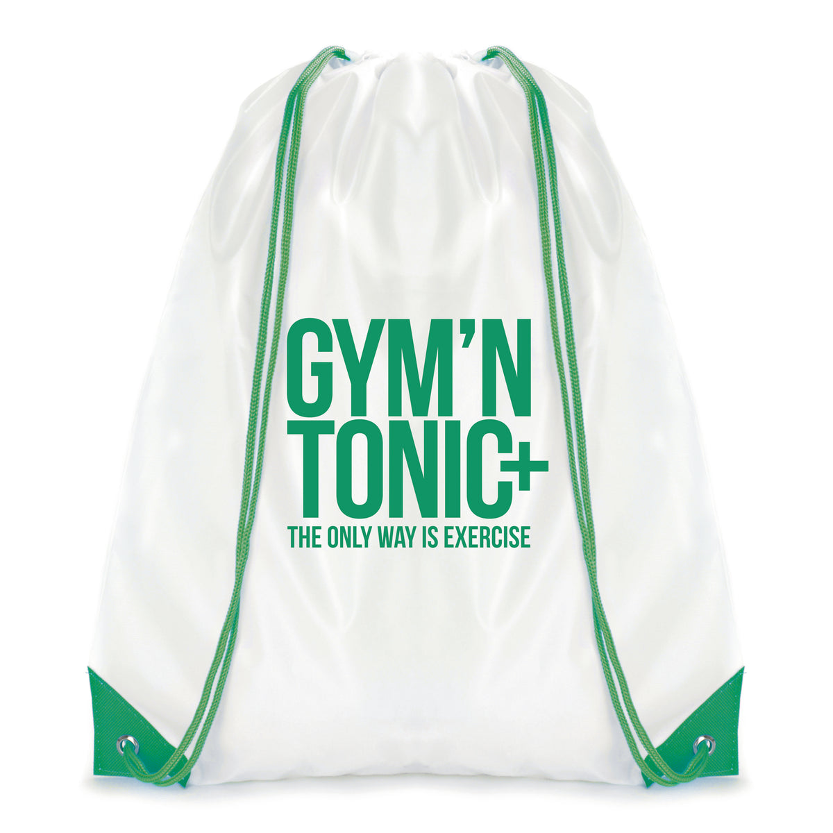 Branded White Drawstring Bag with Coloured String and Corners in Green