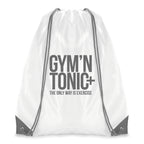 Branded White Drawstring Bag with Coloured String and Corners in Grey
