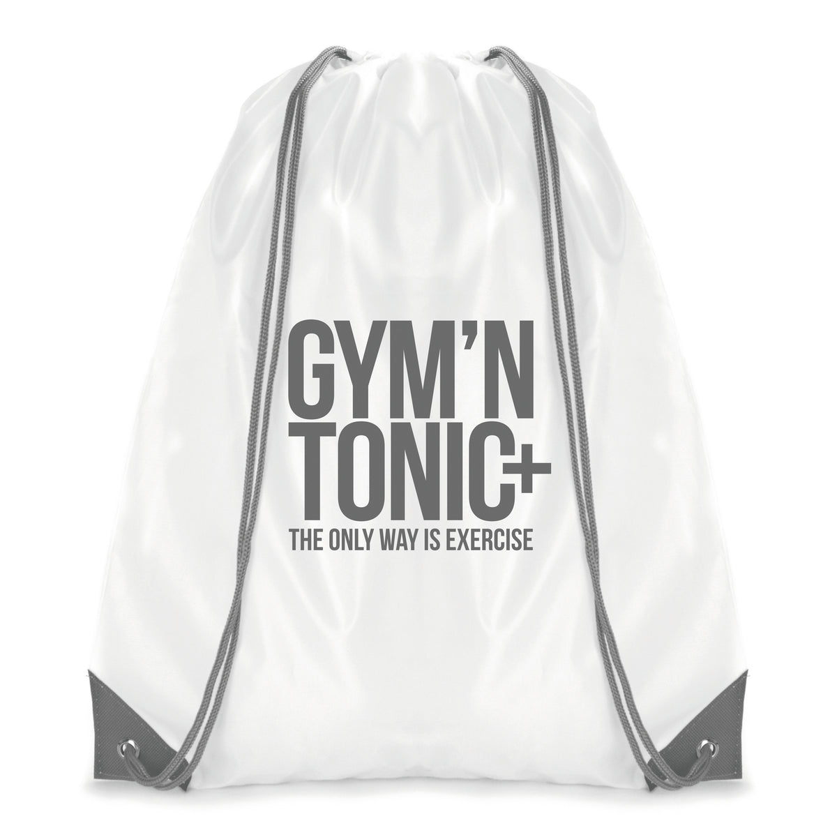 Branded White Drawstring Bag with Coloured String and Corners in Grey