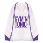 Branded White Drawstring Bag with Coloured String and Corners in Purple