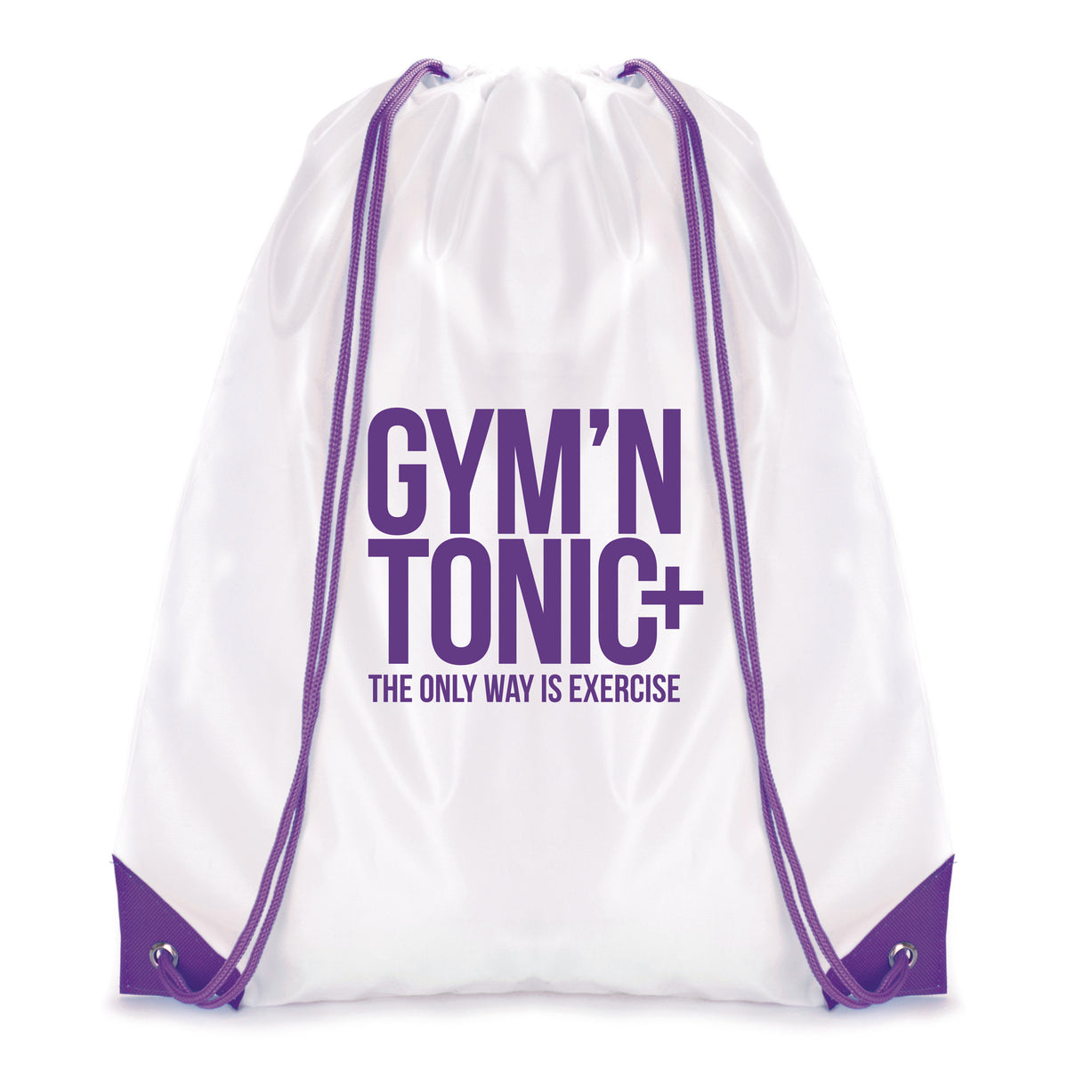 Branded White Drawstring Bag with Coloured String and Corners in Purple