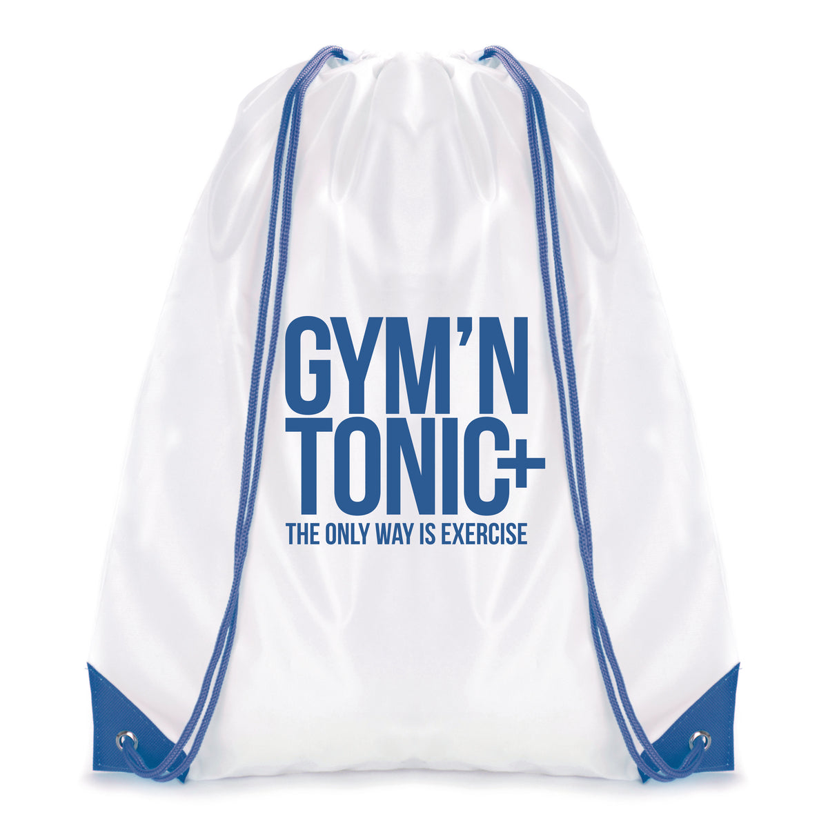 Branded White Drawstring Bag with Coloured String and Corners in Royal Blue