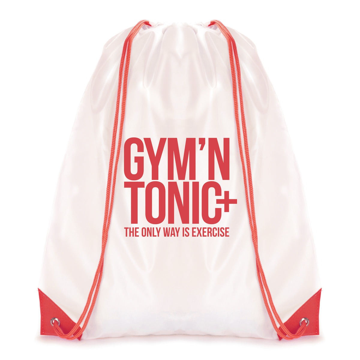 Branded White Drawstring Bag with Coloured String and Corners in Red