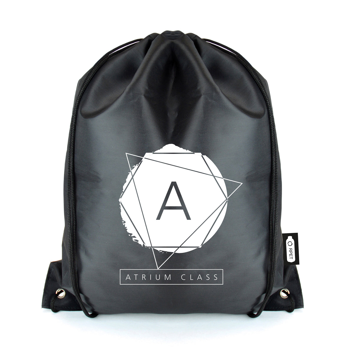 Branded RPET Drawstring Bag with Black Corners in Black