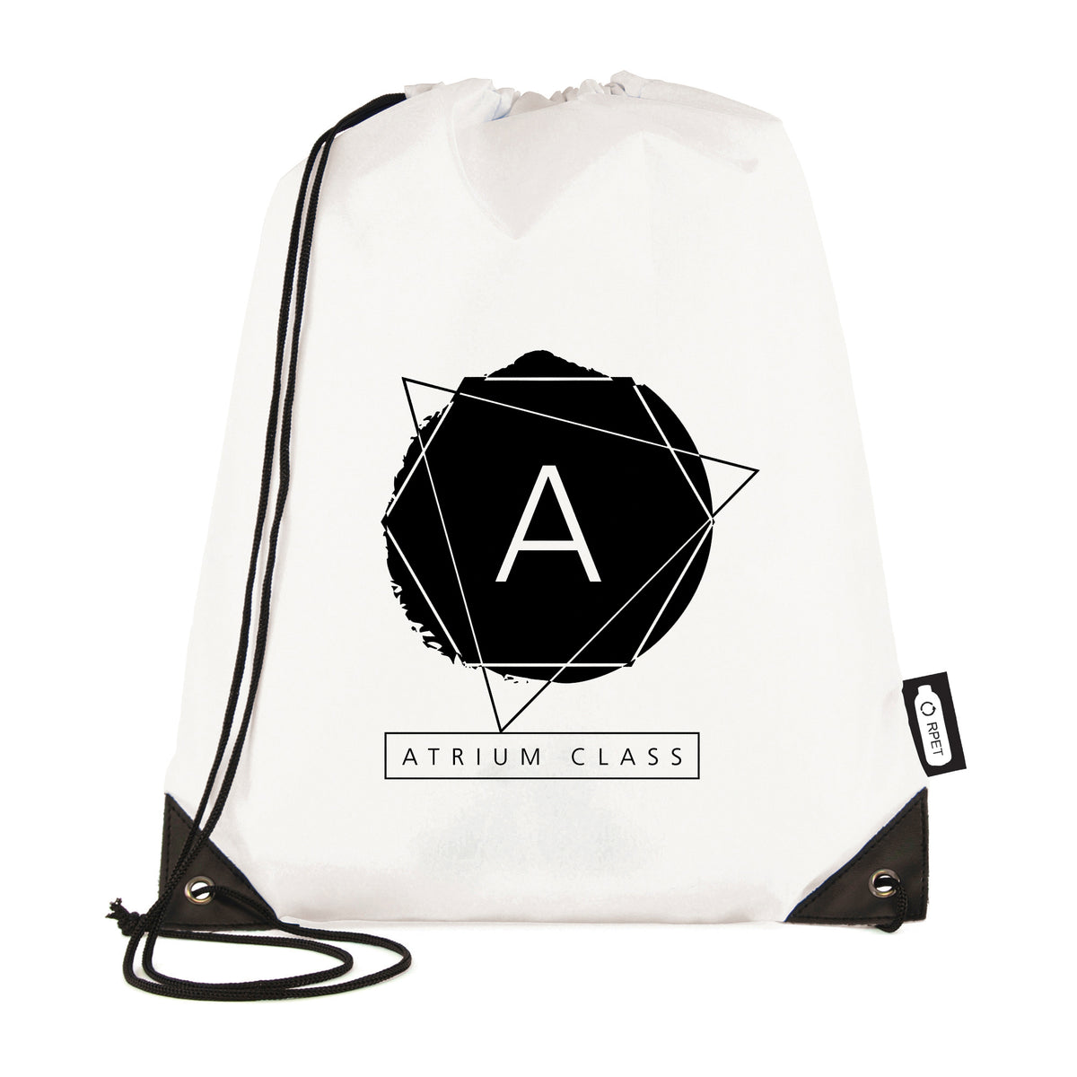 Branded RPET Drawstring Bag with Black Corners in White