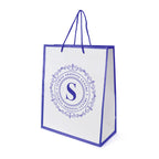 Branded Medium Glossy White Paper Bag with Rope Handles in Blue
