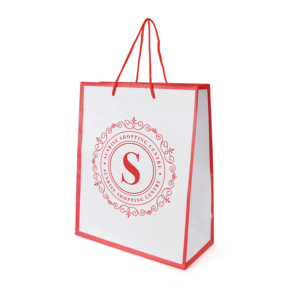 Branded Medium Glossy White Paper Bag with Rope Handles in Red