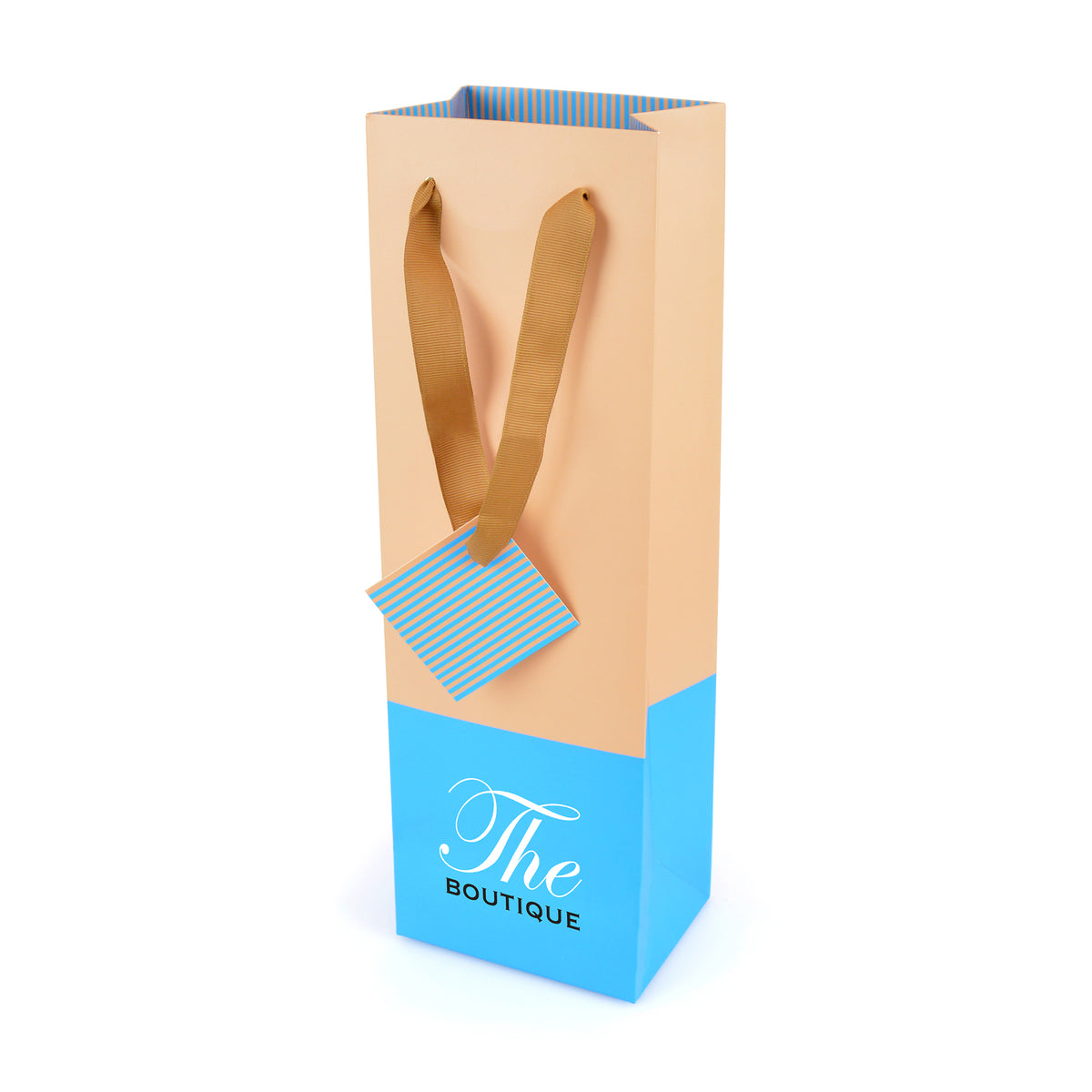Branded Matte Paper Wine Bag with Ribbon Handles and Gift Tag in Cyan