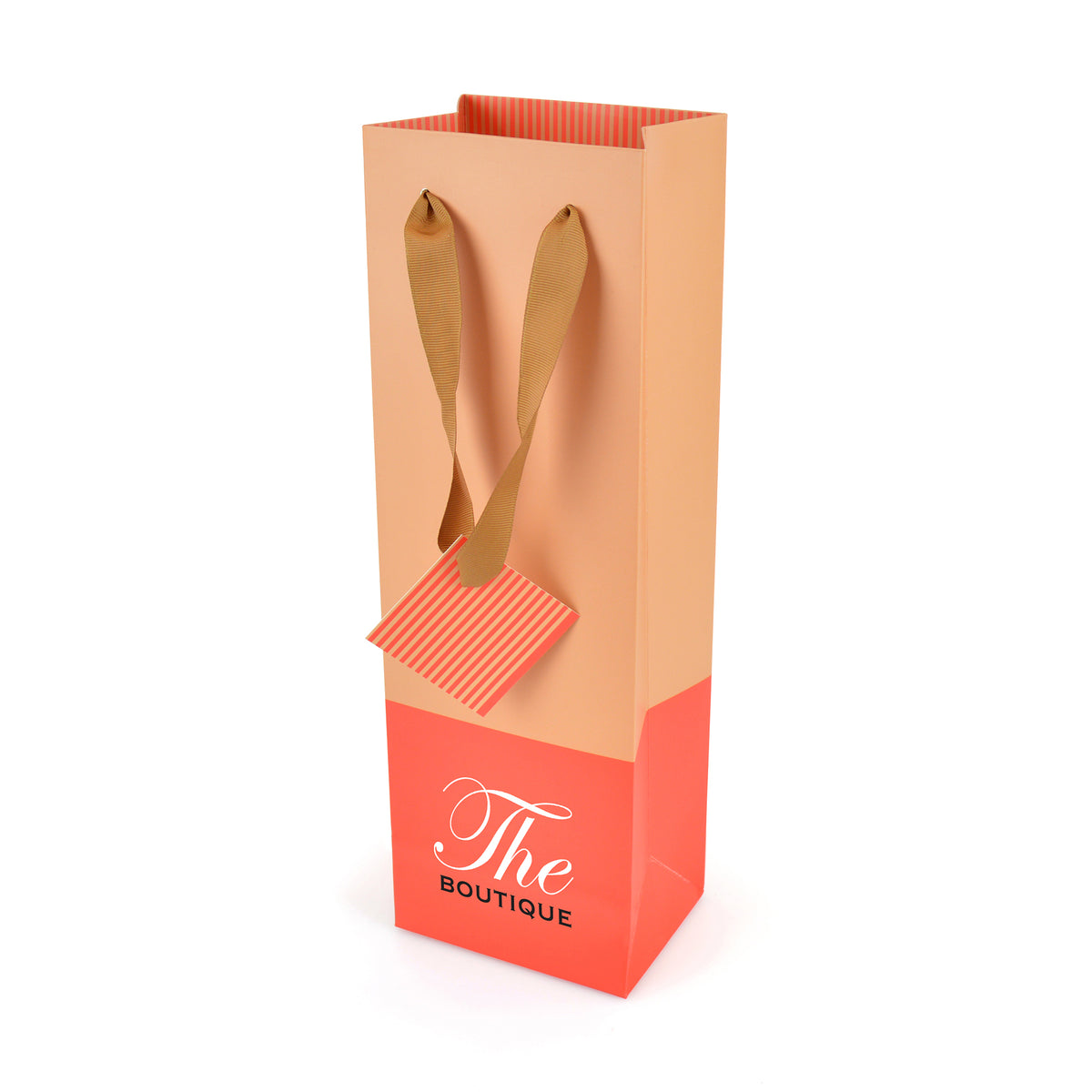 Branded Matte Paper Wine Bag with Ribbon Handles and Gift Tag in Red
