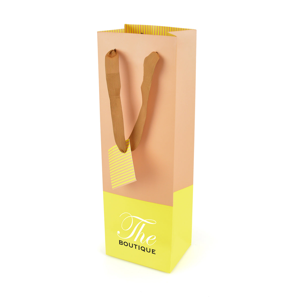 Branded Matte Paper Wine Bag with Ribbon Handles and Gift Tag in Yellow