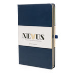Branded Premium Recycled PU Notebook with Gun Metal Trim in Navy Blue