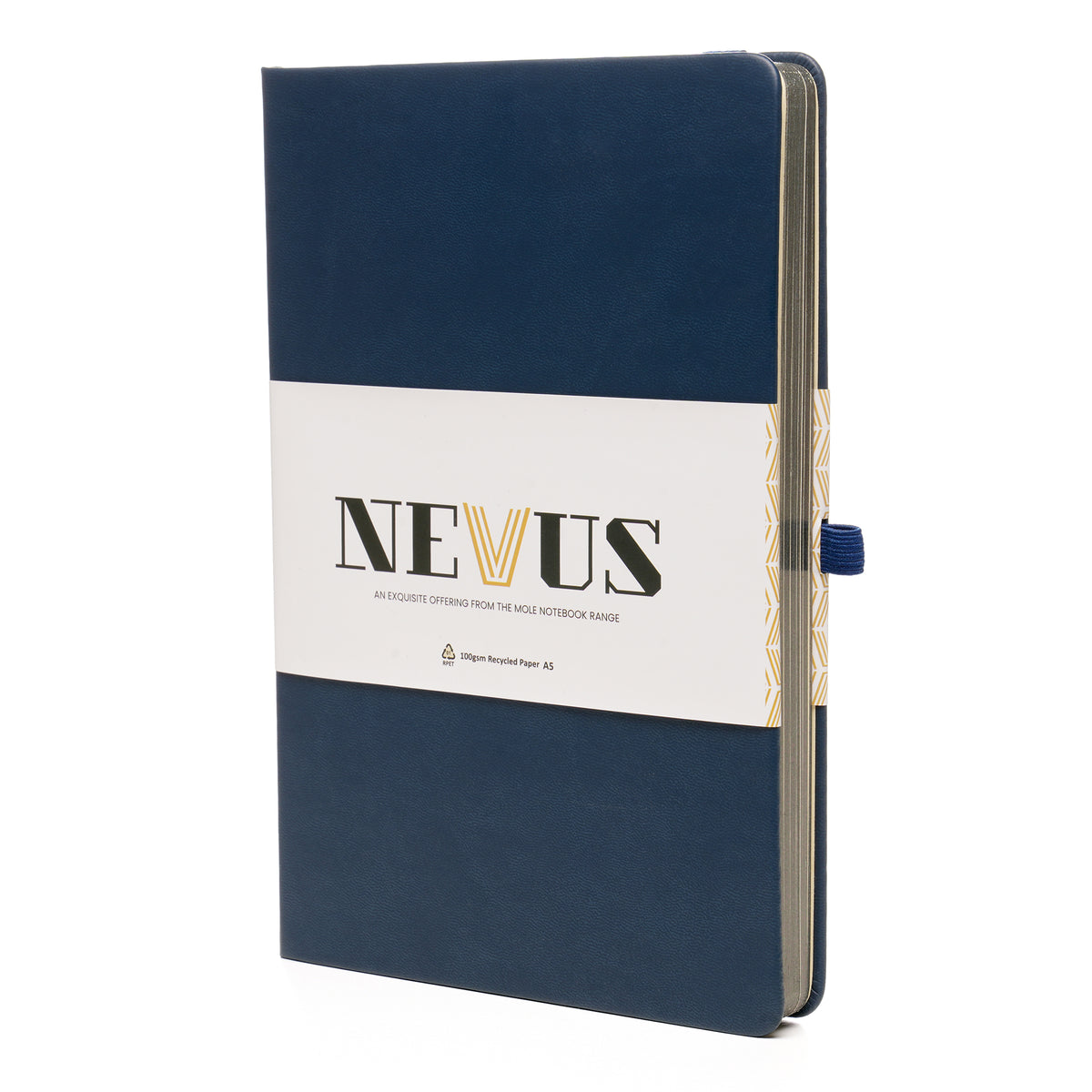 Branded Premium Recycled PU Notebook with Gun Metal Trim in Navy Blue