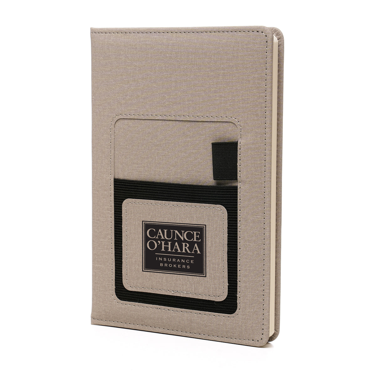 Branded PU Notebook with Elastic Phone Pocket in Grey