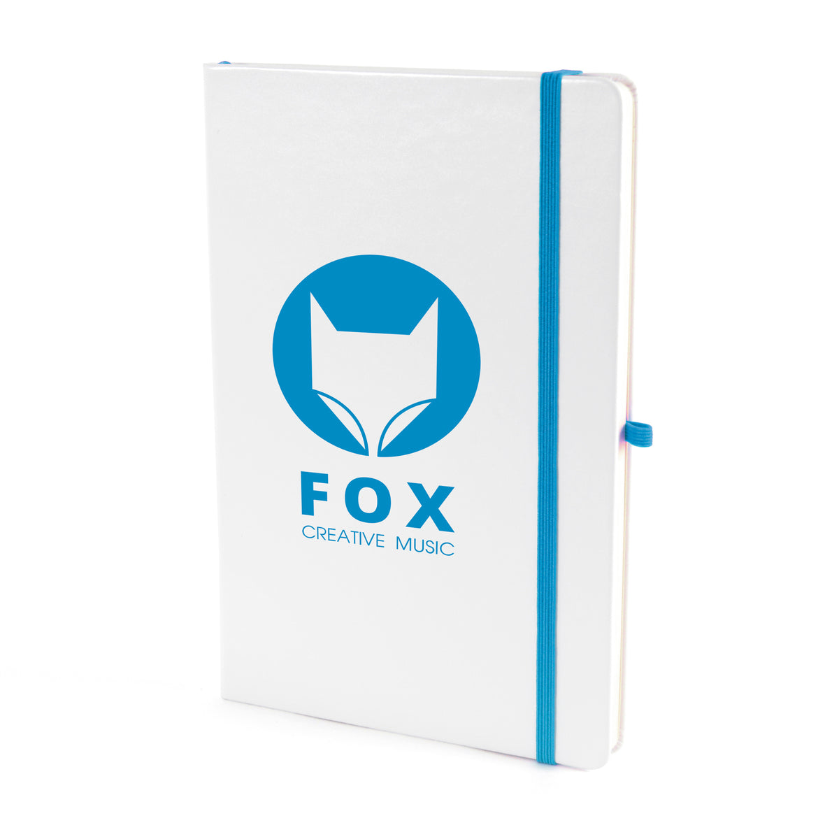 Branded A5 White PU Notebook with Pen Loop in Cyan