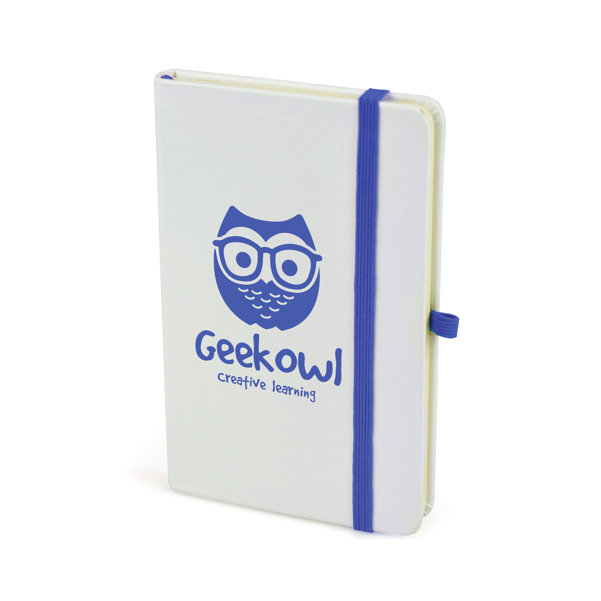 Branded A6 White PU Notebook with Back Pocket in Royal Blue