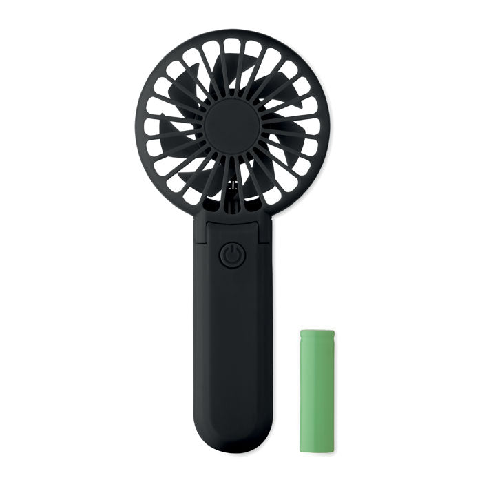 Black handheld fan with a green battery on a white background