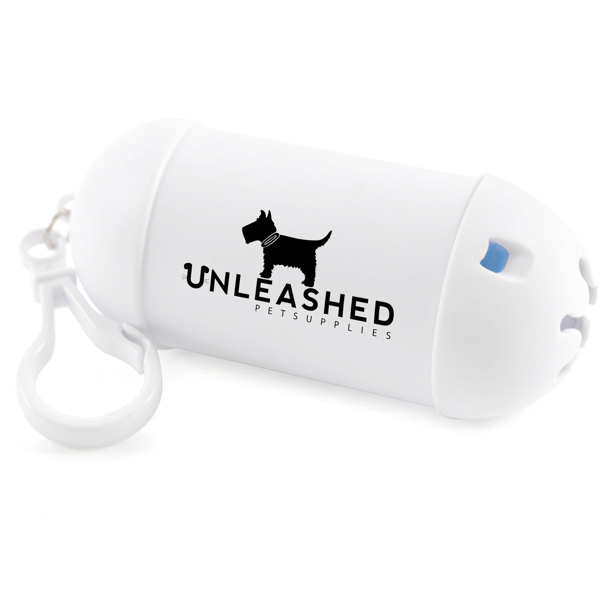 Branded Dog Waste Bag Dispenser with Hook in White