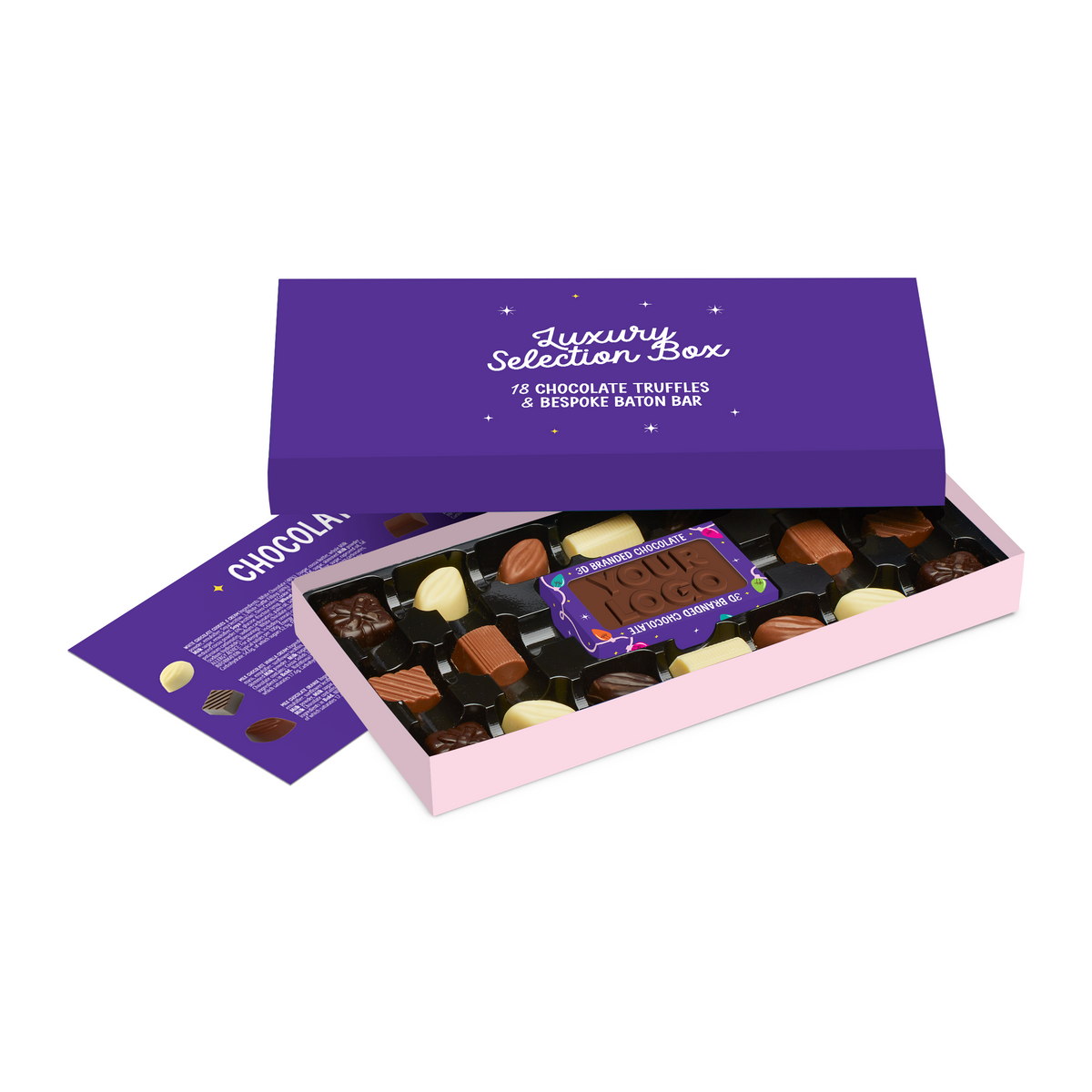 Branded truffle and bar selection box, open view