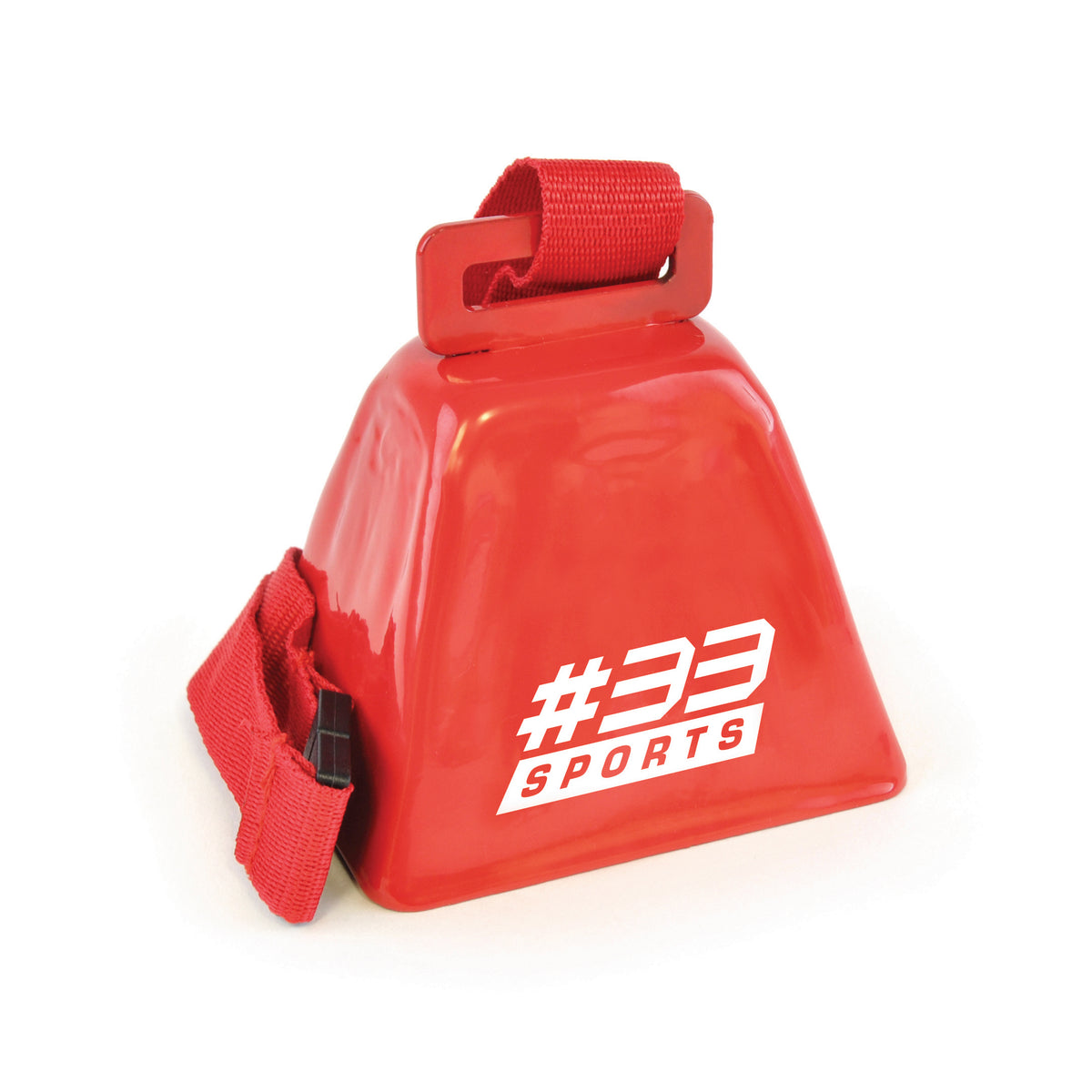 Branded Metal Cow Bell with Lanyard Attachment in Red