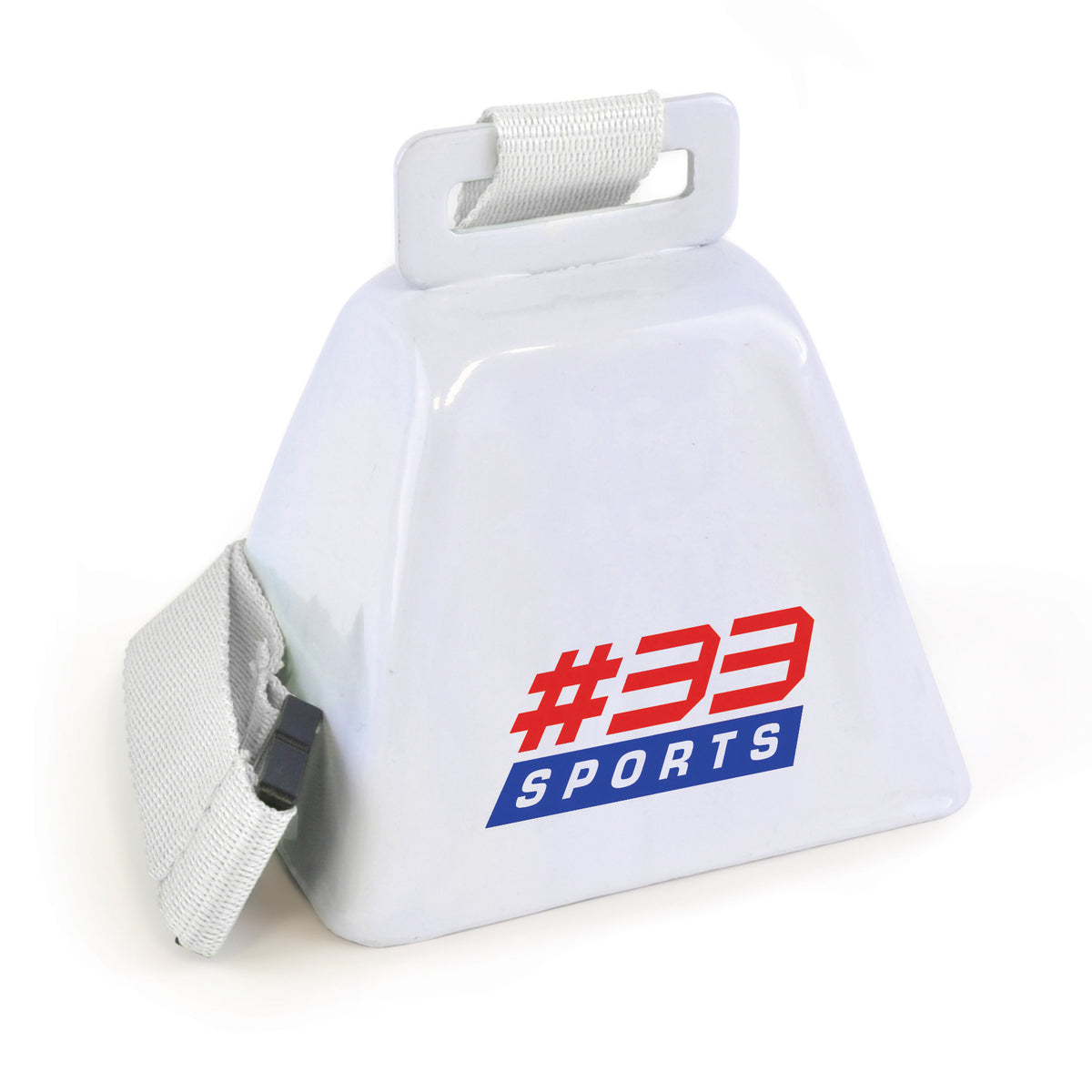 Branded Metal Cow Bell with Lanyard Attachment in White