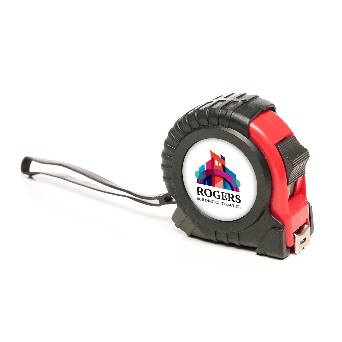 Branded 5m Tape Measure with Belt Clip and Lock Button in Red