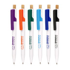 Branded White Barrel Ocean-Bound Plastic Pen with Bamboo Plunger