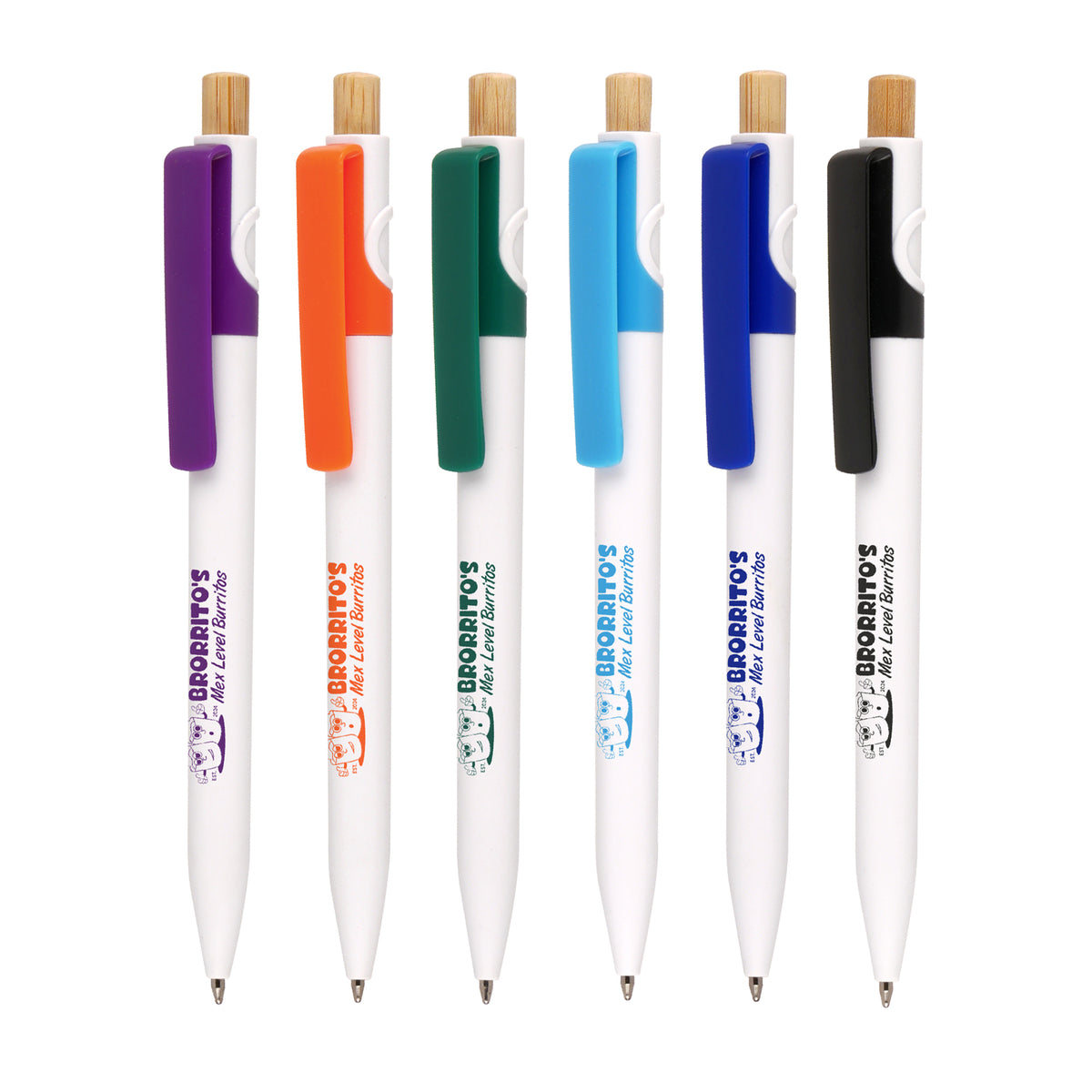 Branded White Barrel Ocean-Bound Plastic Pen with Bamboo Plunger